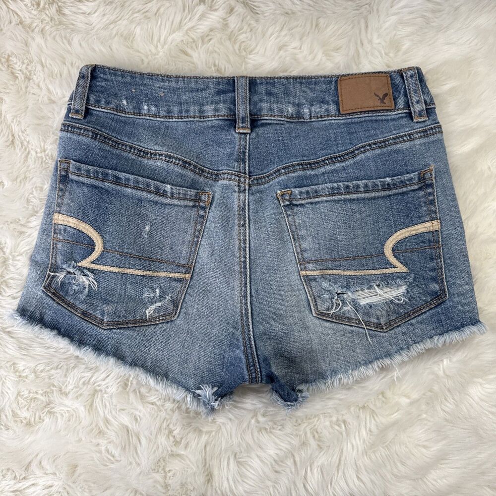 American Eagle Hi Rise Shortie Shorts 2 (W26 Inseam 1.5) Blue Distressed Womens - Picture 3 of 11